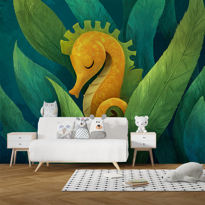Papier peint chambre bébé | Hippocampe joyeux parmi les algues marines