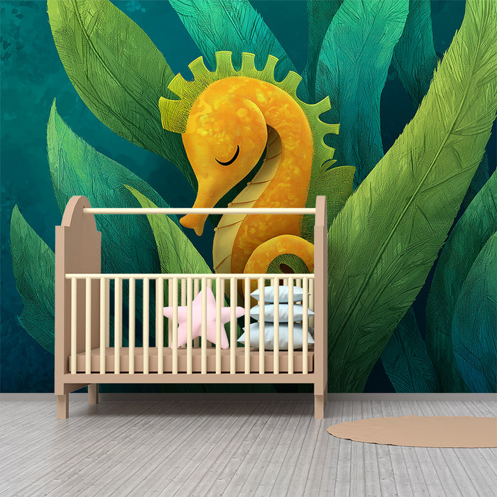 Papier peint chambre bébé | Hippocampe joyeux parmi les algues marines