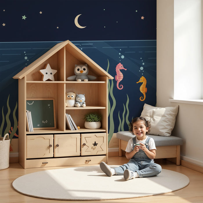 Papel pintado infantil | Hipocampos en el océano estrellado