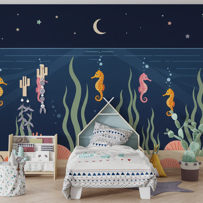 Papel pintado infantil | Hipocampos en el océano estrellado