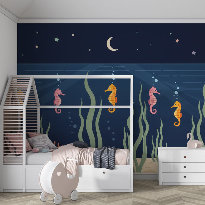 Papel pintado infantil | Hipocampos en el océano estrellado