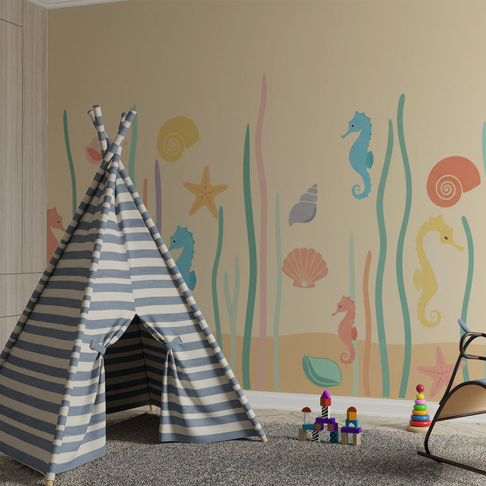 Papel de parede para quarto de bebé | Cavalos-marinhos e conchas coloridos num ambiente marinho suave