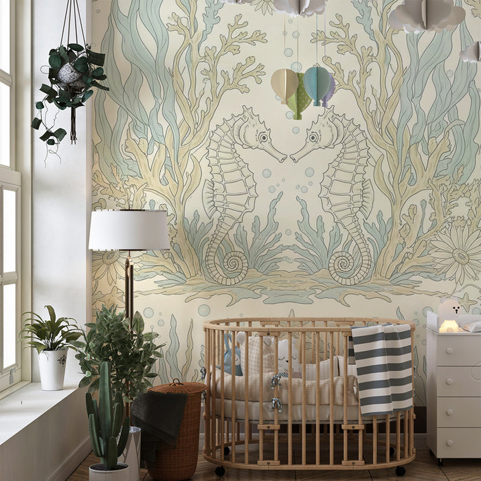 Papel pintado habitación bebé | Hipocampos y corales en un ambiente marino relajante