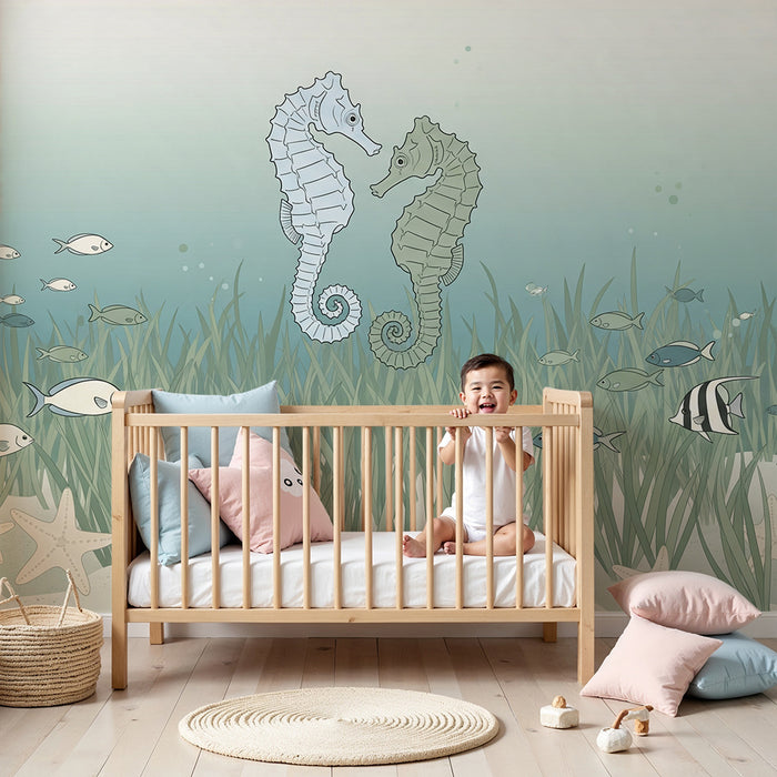 Papel de parede para quarto de bebé | Cavalos-marinhos e peixes num ambiente marinho relaxante