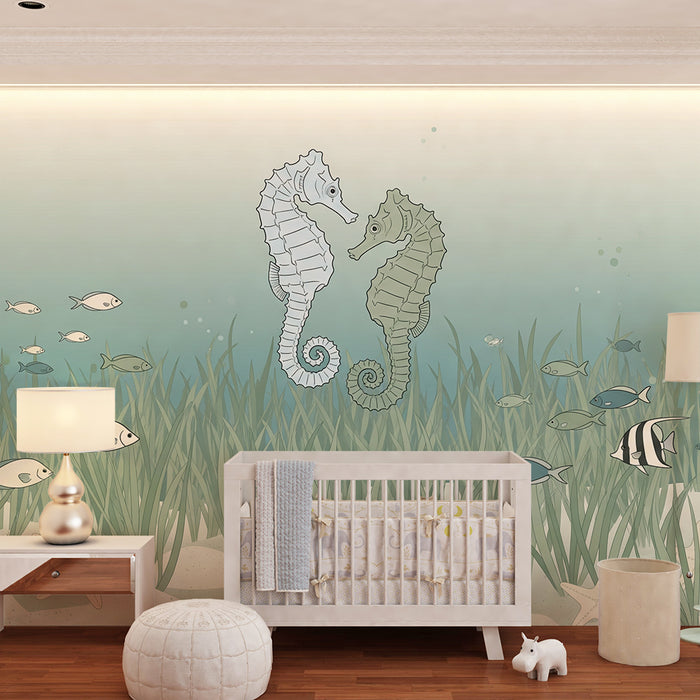 Papel de parede para quarto de bebé | Cavalos-marinhos e peixes num ambiente marinho relaxante