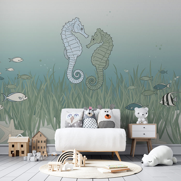 Papel de parede para quarto de bebé | Cavalos-marinhos e peixes num ambiente marinho relaxante