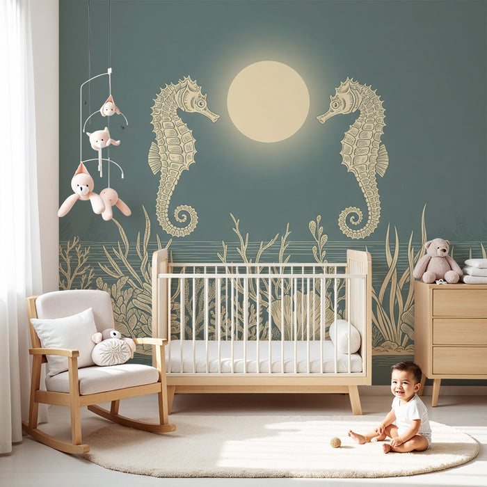 **Tapet till babyrummet | Sjöhästar under månen med lugnande havsdekoration**
