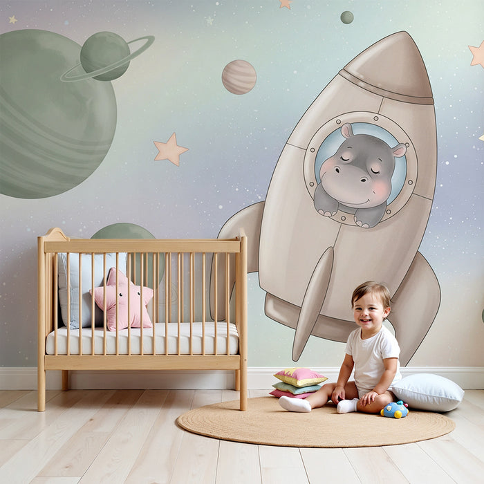 Papier peint chambre bébé | Hippopotame astronaute dans l'espace