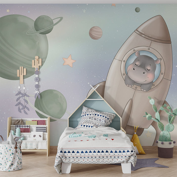 Papier peint chambre bébé | Hippopotame astronaute dans l'espace