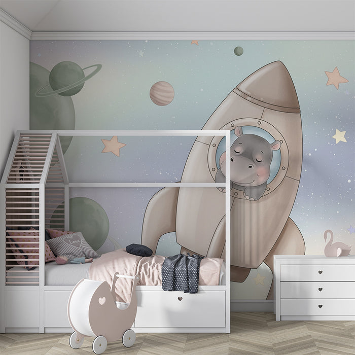 Papier peint chambre bébé | Hippopotame astronaute dans l'espace