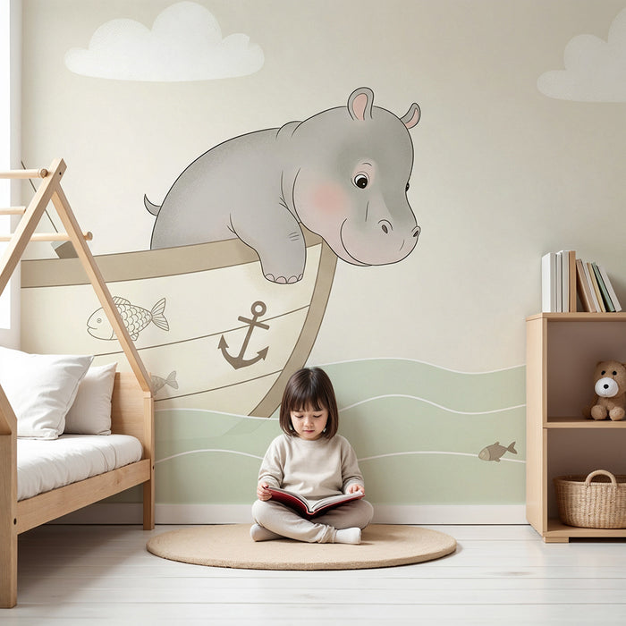 Papier peint chambre bébé | Hippopotame curieux sur un bateau