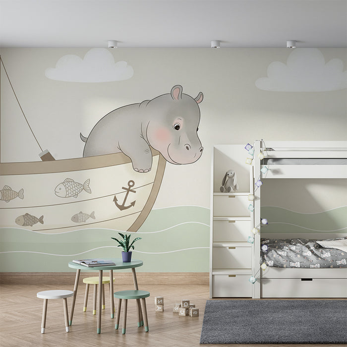 Papier peint chambre bébé | Hippopotame curieux sur un bateau