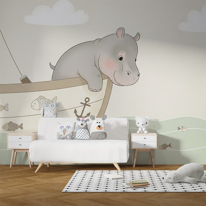 Papier peint chambre bébé | Hippopotame curieux sur un bateau