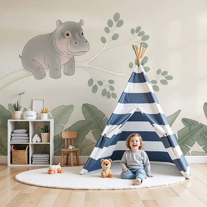 Papel pintado infantil | Hipopótamo curioso en una rama