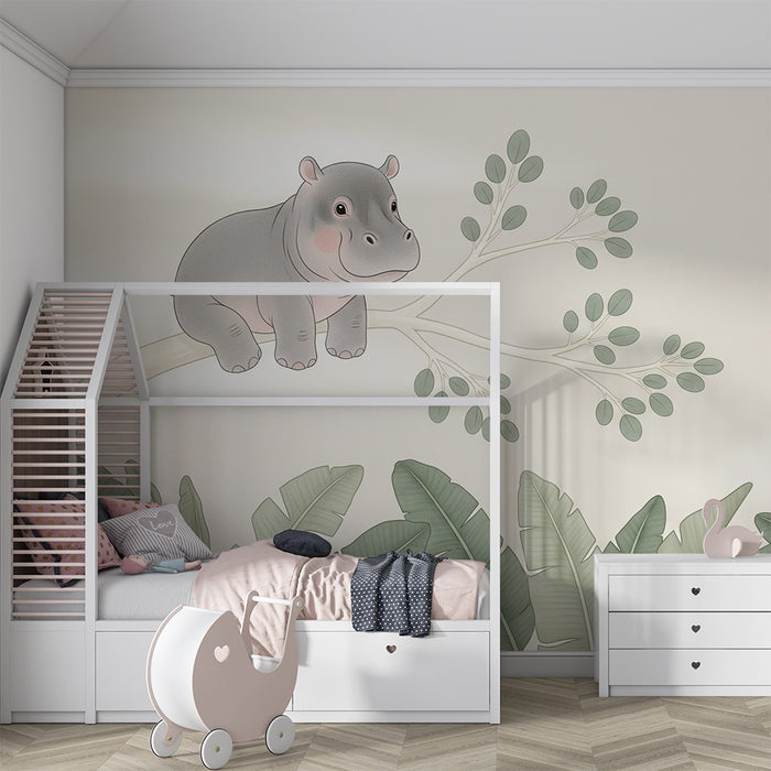 Papel pintado infantil | Hipopótamo curioso en una rama
