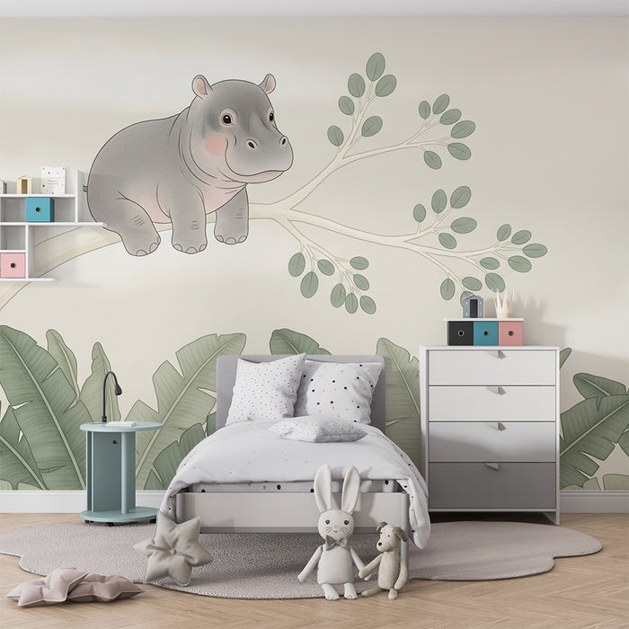 Papel pintado infantil | Hipopótamo curioso en una rama