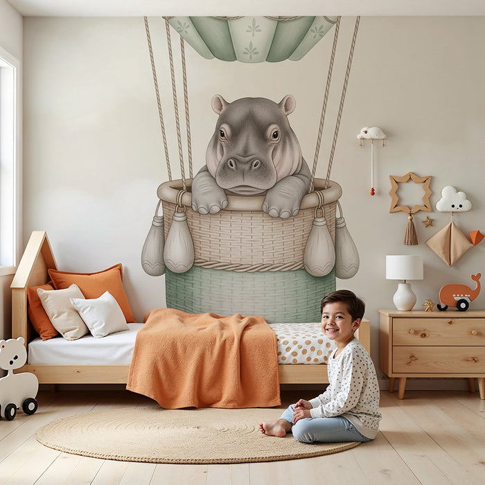 Børneværelse tapet | Flodhest i en luftballon