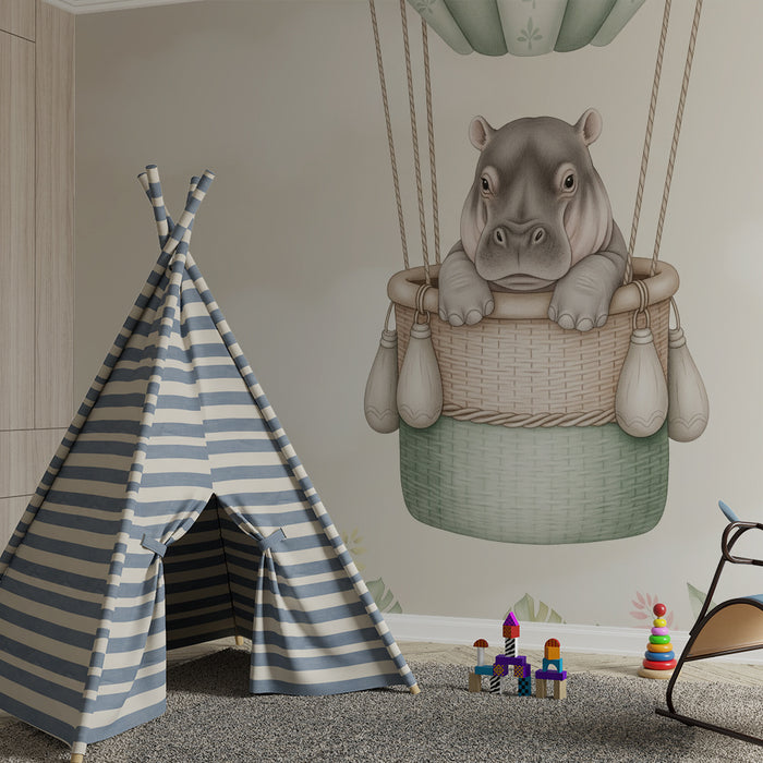 Børneværelse tapet | Flodhest i en luftballon