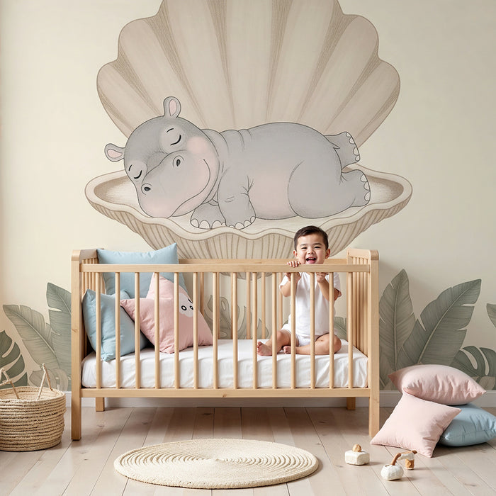 Papier peint chambre bébé | Hippopotame endormi dans une coquille