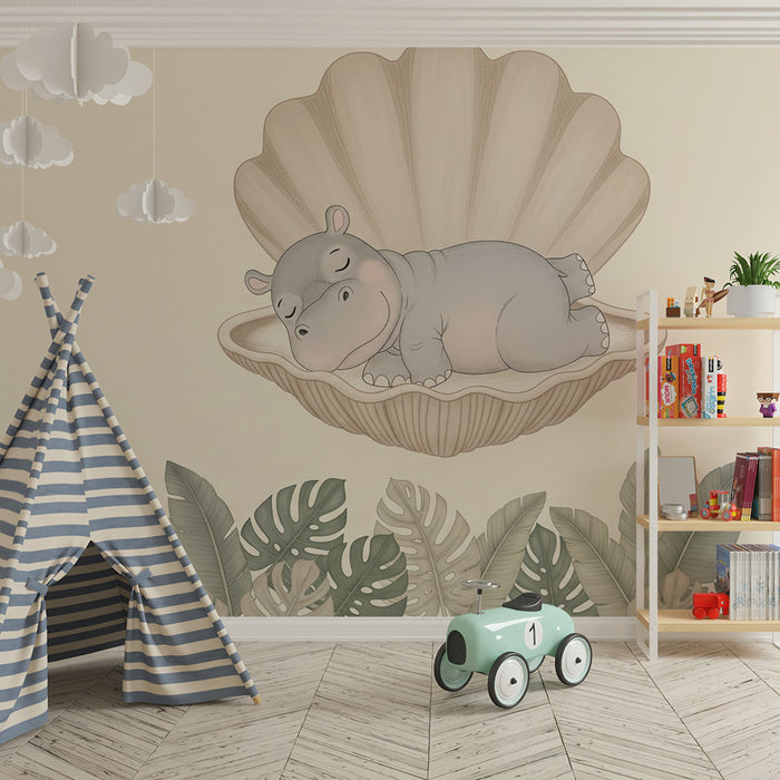 Papier peint chambre bébé | Hippopotame endormi dans une coquille