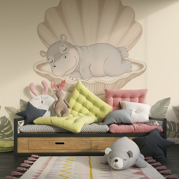 Papier peint chambre bébé | Hippopotame endormi dans une coquille
