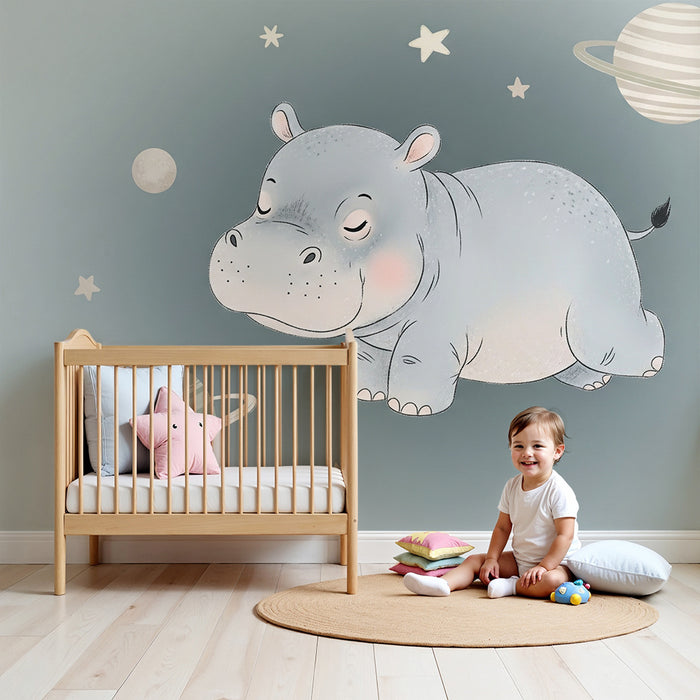 Papier peint chambre bébé | Hippopotame endormi parmi les étoiles