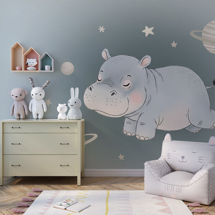 Papier peint chambre bébé | Hippopotame endormi parmi les étoiles