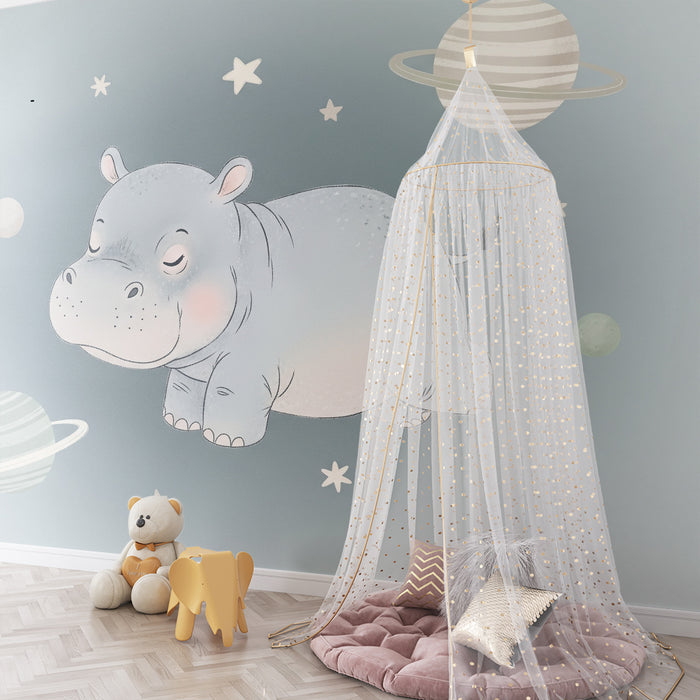 Papier peint chambre bébé | Hippopotame endormi parmi les étoiles