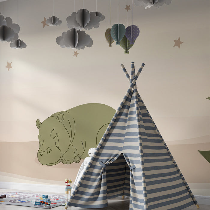Babyzimmer Tapete | Schlafendes Nilpferd unter den Sternen