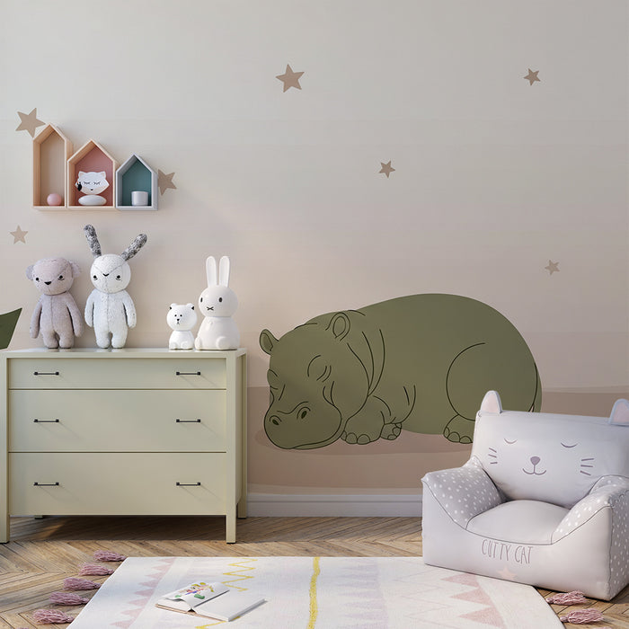 Babyzimmer Tapete | Schlafendes Nilpferd unter den Sternen