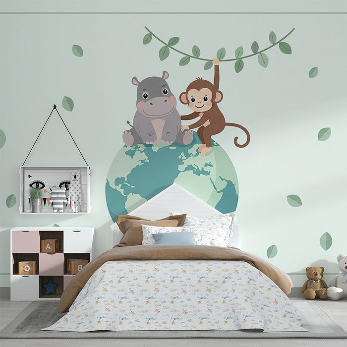 Babykamer behang | Vrolijke nijlpaard en aap op aarde