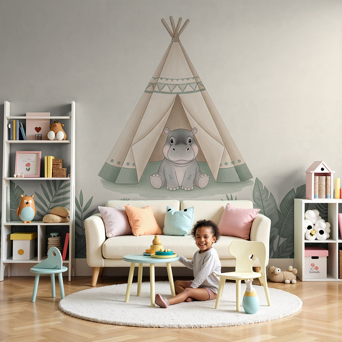 Lastenhuoneen tapetti | Virtahepo ja teltta viidakossa