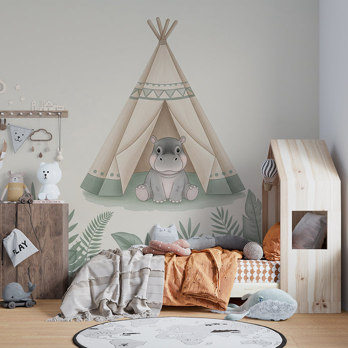 Lastenhuoneen tapetti | Virtahepo ja teltta viidakossa