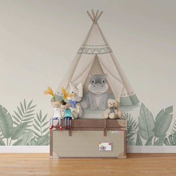 Lastenhuoneen tapetti | Virtahepo ja teltta viidakossa