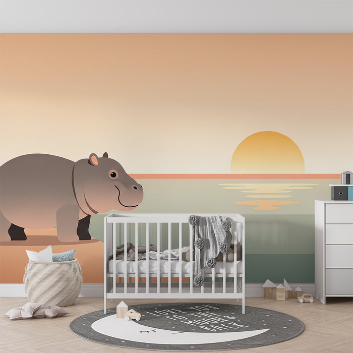 Her er den oversatte teksten, tilpasset for et norsk e-handelsnettsted:

**Babytapet | Glad flodhest ved vannet i solnedgang**