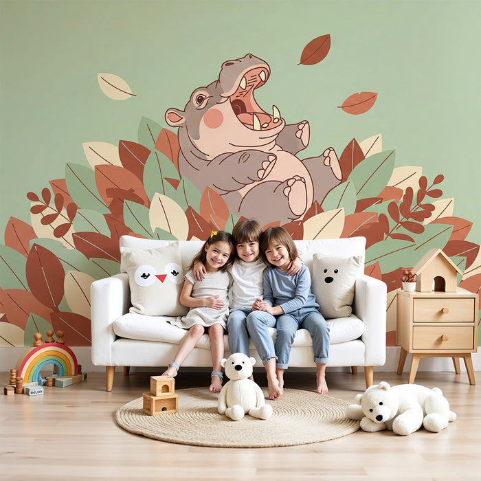 Barntapet | Glad flodhäst mitt i färgglada löv