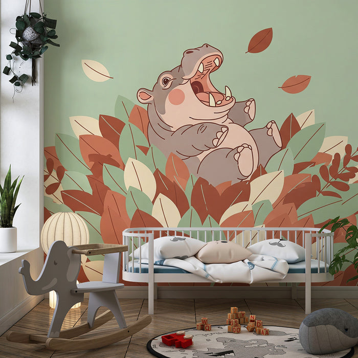 Barntapet | Glad flodhäst mitt i färgglada löv