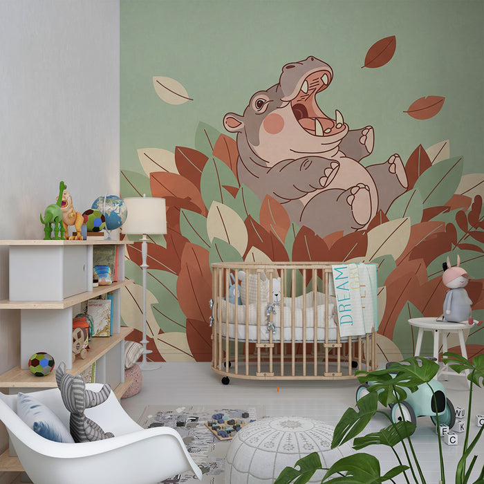 Barntapet | Glad flodhäst mitt i färgglada löv