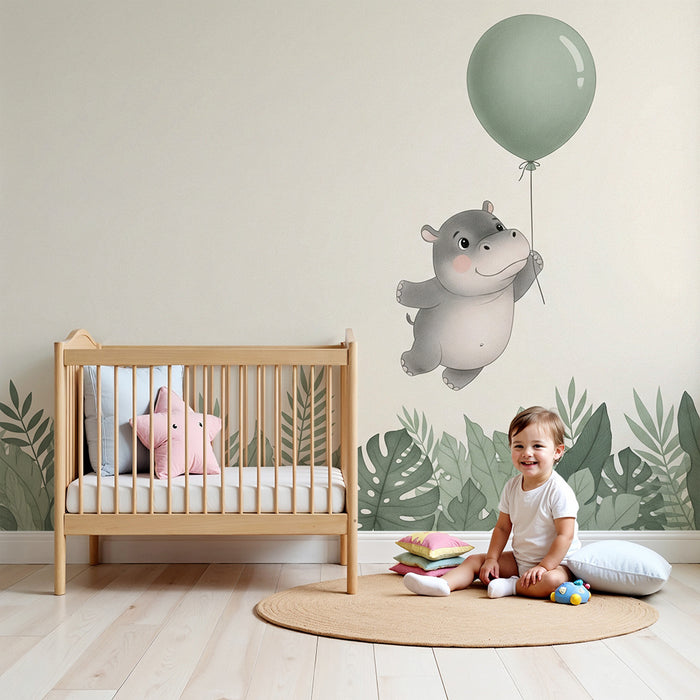 Papel de parede quarto bebê | Χαρούμενος ιπποπόταμος με μπαλόνι