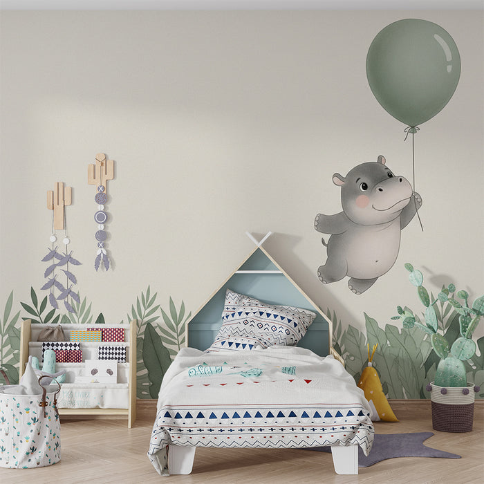 Papel de parede quarto bebê | Χαρούμενος ιπποπόταμος με μπαλόνι