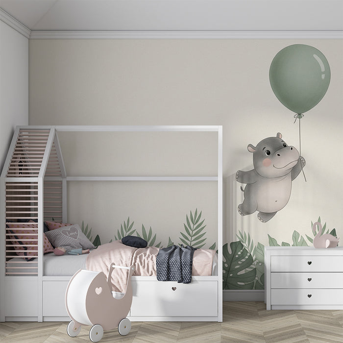 Papel de parede quarto bebê | Χαρούμενος ιπποπόταμος με μπαλόνι
