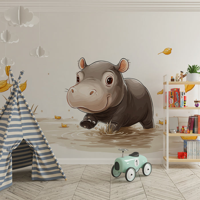 Babyzimmer Tapete | Fröhliches Nilpferd in einem Teich mit goldenen Blättern