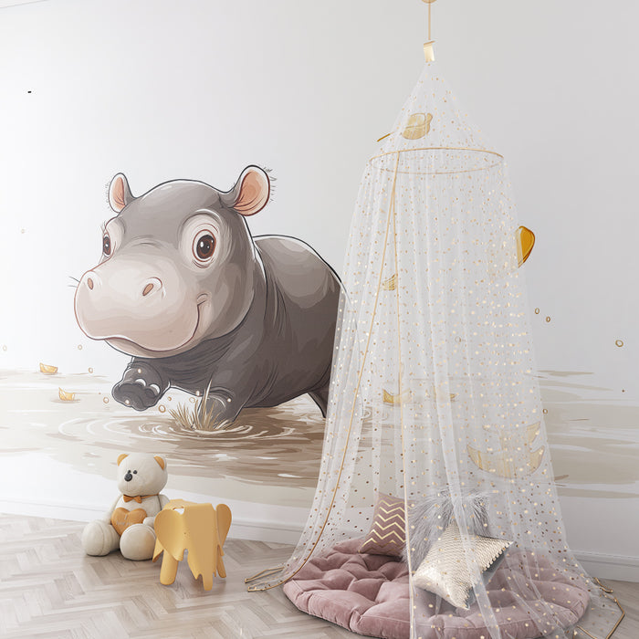 Babyzimmer Tapete | Fröhliches Nilpferd in einem Teich mit goldenen Blättern