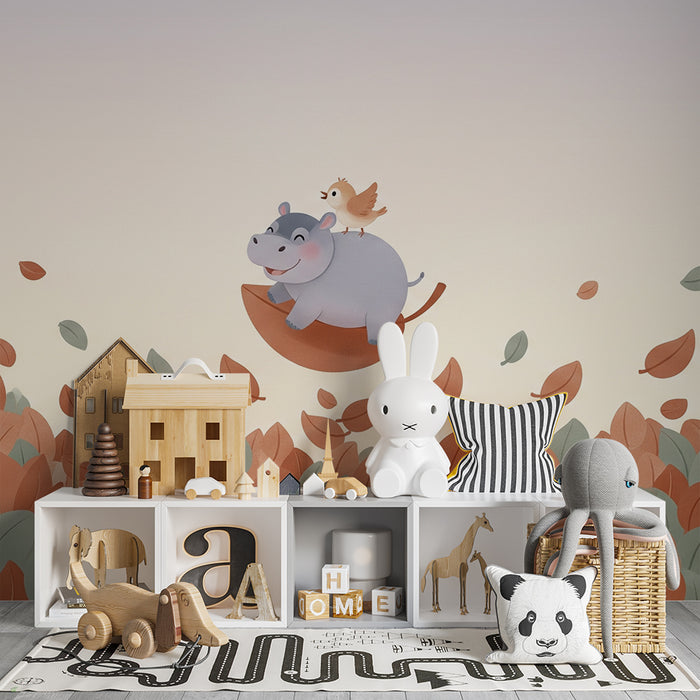 Lastenhuoneen tapetti | Iloinen virtahepo ja lintu värikkäiden lehtien päällä