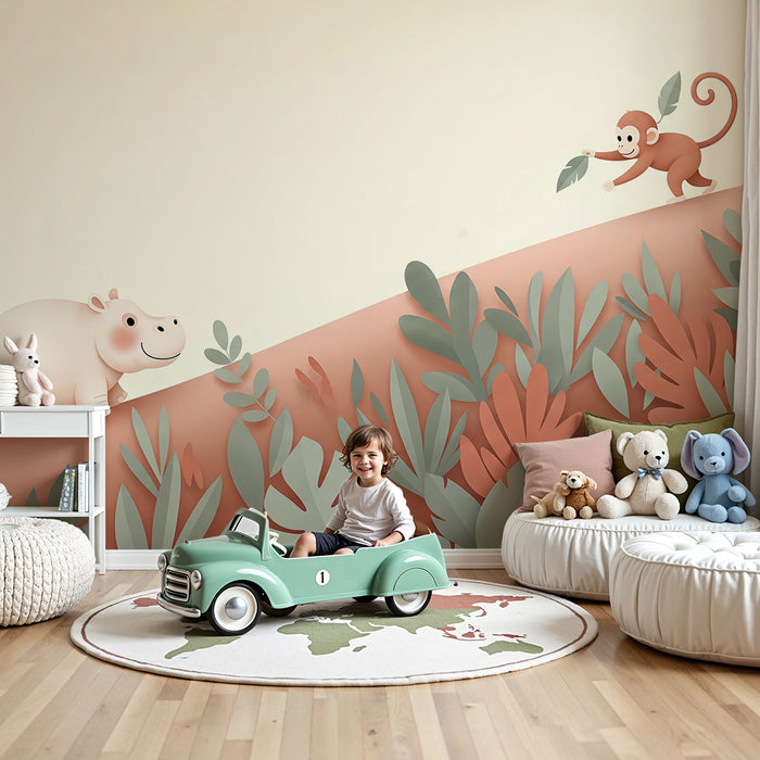 Nursery room wallpaper | Happy hippo and mischievous monkey in a tropical setting