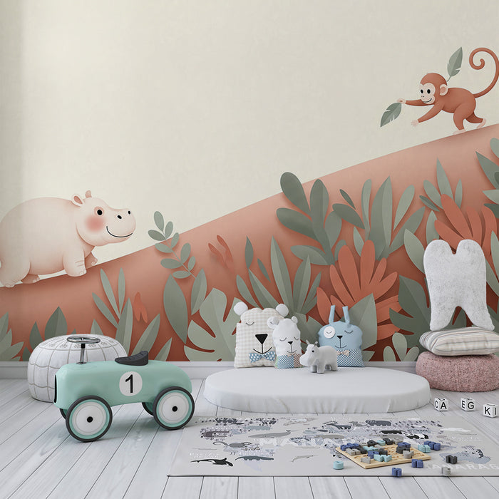 Nursery room wallpaper | Happy hippo and mischievous monkey in a tropical setting