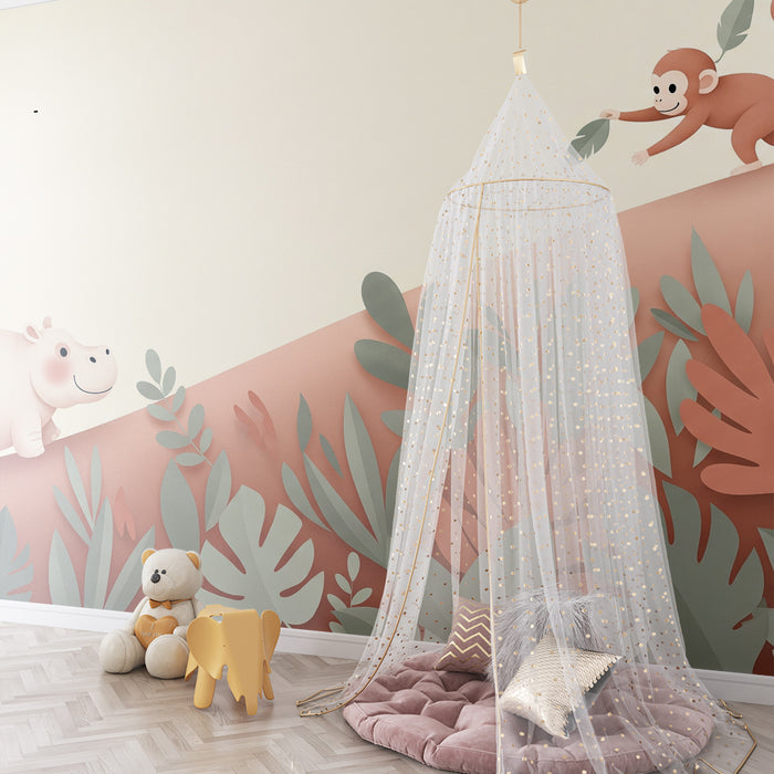 Nursery room wallpaper | Happy hippo and mischievous monkey in a tropical setting
