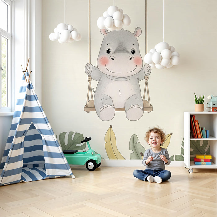 Papier peint chambre bébé | Hippopotame joyeux sur une balançoire