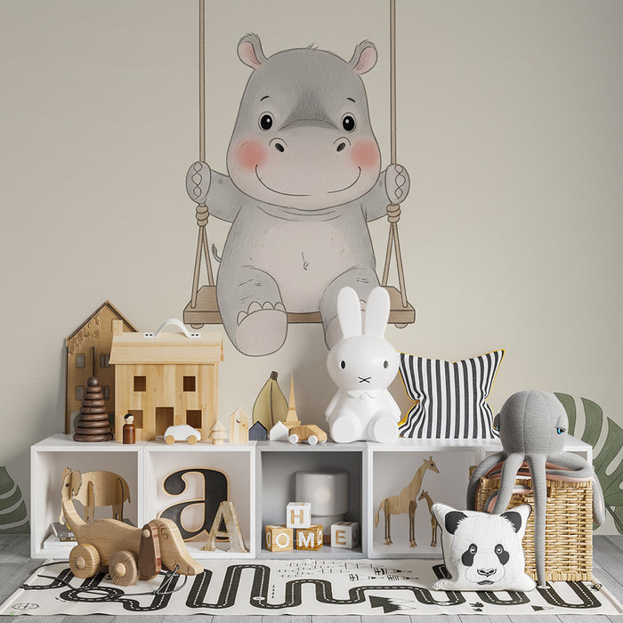 Papier peint chambre bébé | Hippopotame joyeux sur une balançoire