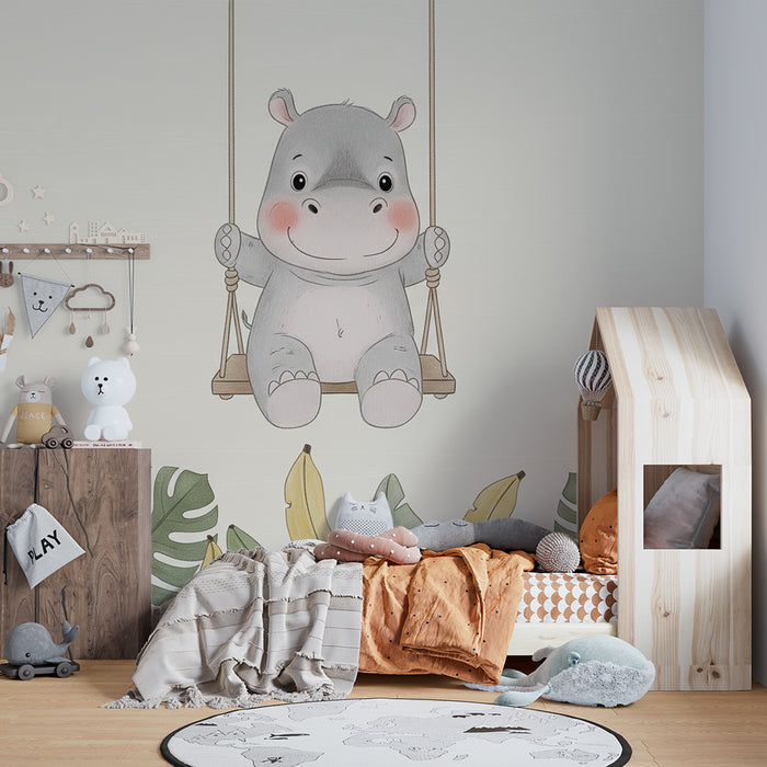 Papier peint chambre bébé | Hippopotame joyeux sur une balançoire